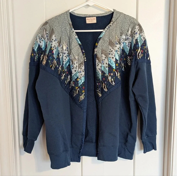 Handmade Modern Quilted Sweatshirt Cardigan Blue sz L - Picture 1 of 5